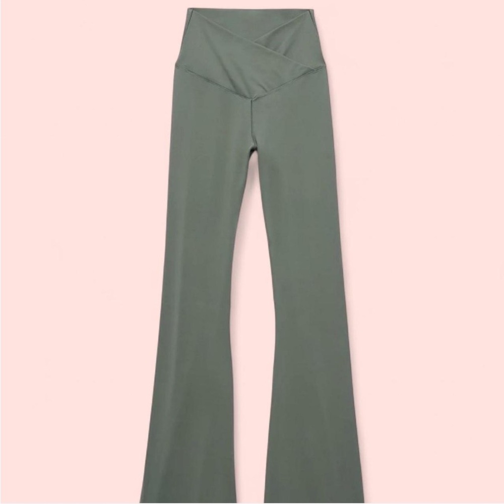 Aerie Offline High Waisted Crossover Flare Pants Sage Green